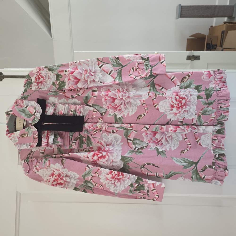 Authentic Gucci Pink Peony Snake Dress with Black Bow XS 38